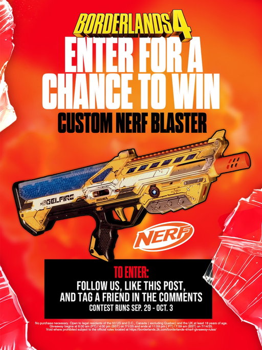 IT’S NERF OR NOTHIN!!!!! 💢

We’re giving away a pair of Borderlands-themed @nerf Blasters - perfect for antagonizing your best friend. Or maybe your grandma.

To Enter:
👉 Follow us on Instagram
👉 Like this post
👉 Tag a friend in the comments

Contest runs Sep. 29-Oct. 3. Must reside in US, UK, or Canada. Terms & Conditions Apply: https://2kgam.es/3WcuwZZ