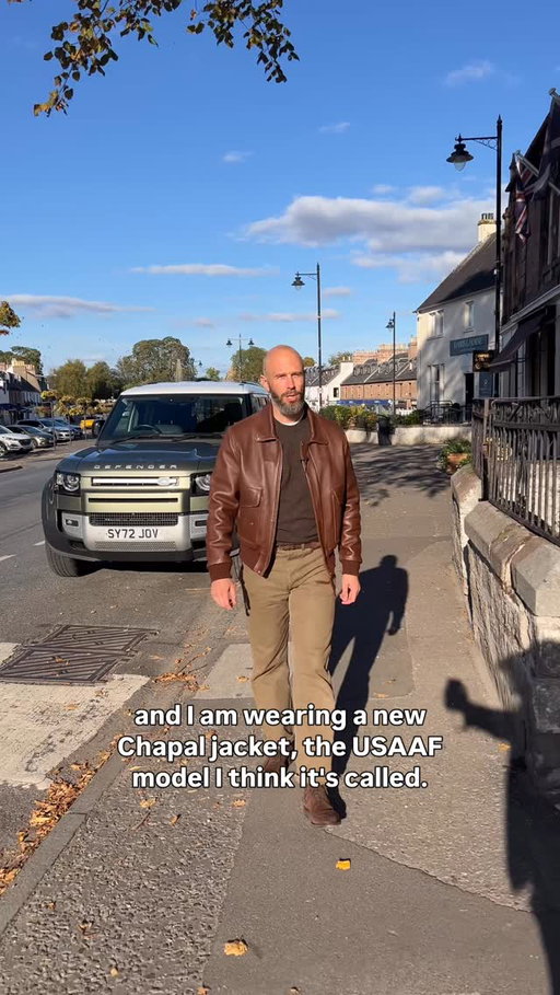 Walking out of Campbell’s of Beauly, in the Scottish Highlands
Talking about buying the same thing twice - because it’s just that good

Wearing:
- Leather USAAF jacket from Chapal
- Permanent Style undershirt
- Rubato lambswool crewneck
- RRL heavy-cotton trousers
- Edward Green ‘Cranleigh’ boots