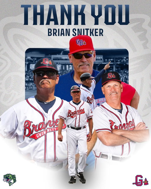 Thank you for everything, Snit!

Named as the third manager in Gwinnett baseball history, Brian Snitker managed the G-Braves for 325 games from 2014-2016. 

Snitker is the lone former Gwinnett manager to:
-Manage a Major League team (Atlanta Braves, 2016-25)
-Win an MLB Manager of the Year award (National League, 2018)
-Win a World Series (Atlanta Braves, 2021)

Including his 2006 season as manager for the Richmond Braves, Snitker managed a total of 468 games for Braves Triple-A affiliates, the third-most in franchise history.