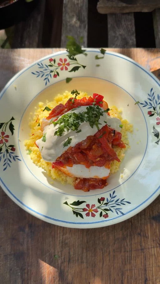 God this was good. Fish gently poached in a tomato and roasted pepper sauce, on saffron butter couscous with tahini sauce made from @theestatedairy beautiful yoghurt. This yoghurt is the bees knees. Thick, voluptuous and not overly sour from a British family owned dairy. It’s absolutely delicious and now available at @waitrose and a whole host of independents.  Give it a try! I highly recommend it.