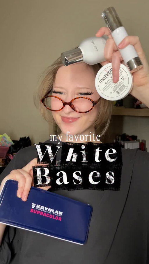 My small army of white foundations 🤍

✦ @mehronmakeup - stick, clown white and water activated palette
✦ @glisten_cosmetics spectra base and set 
✦ @hauslabs honorary mention - love her for a soft goth 
✦ @kryolanofficial Supra color 

(ngl I only used that sound because of the anime edit I’m obsessed with 💀)
#halloweenmakeup #whitefoundation #clownmakeup #halloweenessentials
