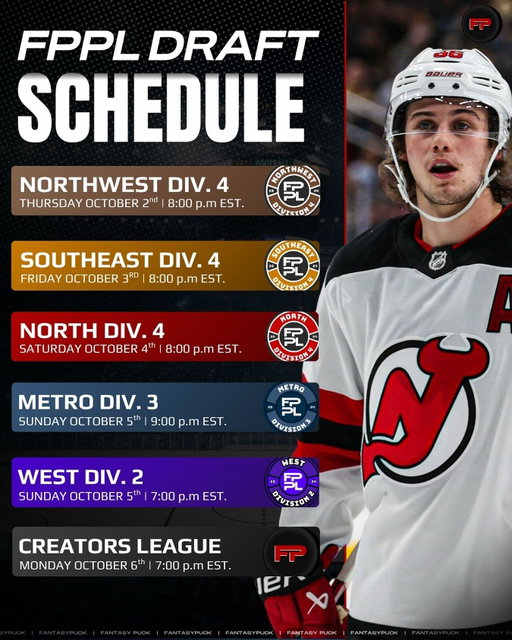 🏒 Remaining FPPL drafts!! 🏒 

Tune in to our YouTube channel for live streams of every draft! 

Content Creator’s League featuring some of today’s best #fantasyhockey minds will also be live streamed on Oct 6!!

🏒 

#fppl #nhl #hockey #fantasypuck