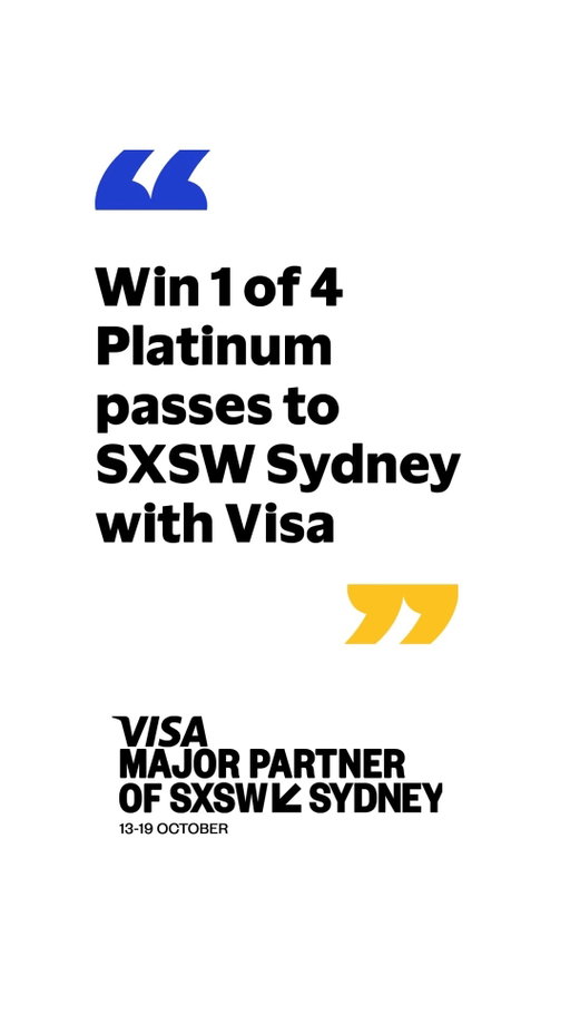Who wants to go platinum? We’ve partnered with @sxswsydney and are giving away 4 Platinum Passes to celebrate. To enter tell us what you’re looking forward to attending at SXSW. The Platinum Pass gives you:
🎟️Access to all 5 days of the SXSW Conference
🎟️Xpress access for Keynotes & Featured Sessions
🎟️Platinum only co-working space at ICC Sydney
🎟️Platinum only Lounge and Mixers at ICC Sydney
🎟️Exclusive Platinum Party

T&Cs apply, see https://www.visa.com.au/content/dam/VCOM/regional/ap/australia/offers-and-promotions/visa-sxsw-promotion-2025-terms-conditions.pdf. Open to NSW res 18+. Account must be set to Public. Ends: 4pm AEDT on 12/10/25. Max 1 entry p/person.