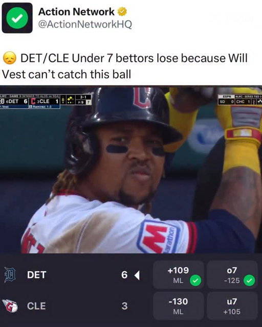 Brutal way for Under 7 bettors to go from a push to a loss in the DET/CLE game 

#MLB #baseball #betting #gambling #sportsbets #tigers #guardians