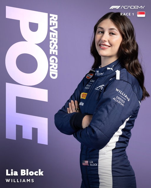 Lia Block clinches Reverse Grid POLE in Singapore! 1️⃣ 

Lia's P8 in Qualifying means she will start tomorrow's race in P1 for the first time in her F1 Academy career. 👏 

#F1Academy #SingaporeGP