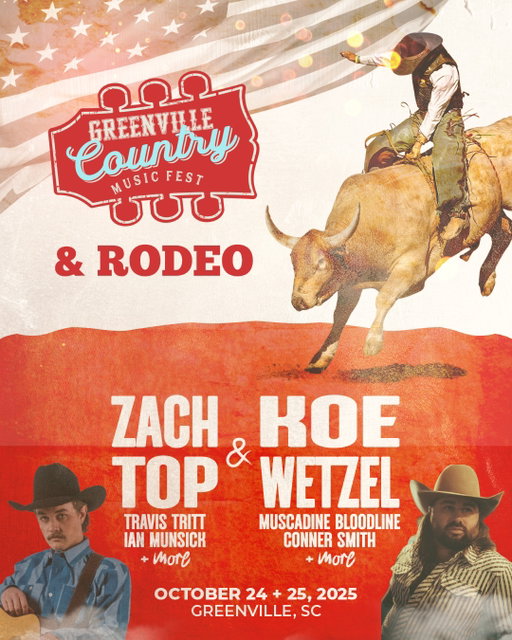 We can't wait to see y'all for Greenville Country Music Fest & Rodeo October 24 + 25! Catch Zach Top, Koe Wetzel, Travis Tritt + more in just 3 weeks. 🤠

🚨Box Office Rates kick in Monday, October 20 at midnight - lock in your tickets now.
🙌Single Day tickets available - www.gvlfest.com