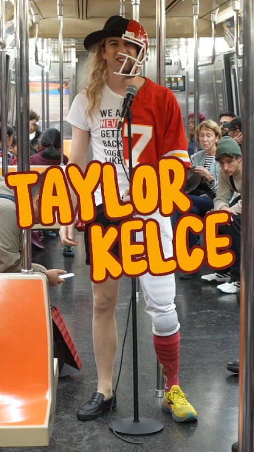 Taylor Swift and Travis Kelce do stand up on the subway in NYC. 

This awesome costume was made and designed by @jaredl531!! 
#taylorswift #lifeofashowgirl #comedian