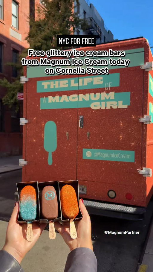 Free glittery ice cream bars from Magnum Ice Cream today on Cornelia Street! ✨ #MagnumPartner

You can get a free delicious glitter-coated @magnumicecream treat today to celebrate our favorite showgirl’s new album!
 
Head to the Cornelia Street entrance on West 4th St from 11AM to 5PM today on October 3rd to find  the Magnum Ice Cream Truck and indulge in the ultimate sparkling treat. 

You don’t want to miss this!

#nycforfree #magnumicecream