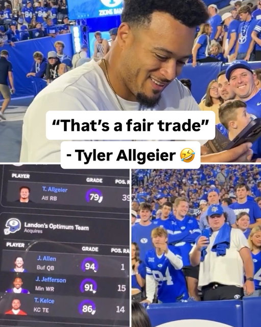 BYU fan offered a fantasy football trade of Josh Allen, Justin Jefferson and Travis Kelce package for Tyler Allgeier 😂🙌

#cfb #collegefootball #football #byu