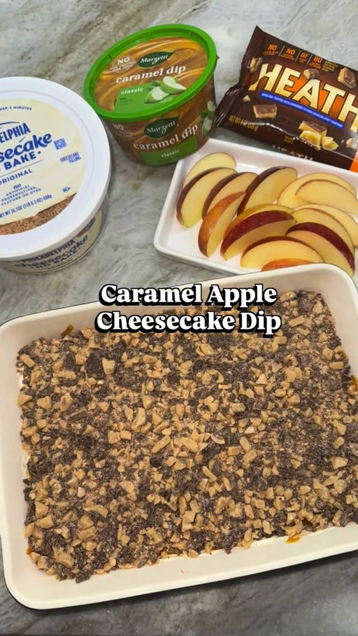 ✨ Caramel Apple Cheesecake Dip ✨
No baking, no fuss — just layers of creamy cheesecake, gooey caramel, and crunchy toffee bits 🤤
Serve it with crisp apple slices and thank me later 🍏🍎

#falltreat #easyrecipe #partyfood #cheesecakedip #caramelapple #heathbar #quickdessert #datenightdessert #momlifehacks

⸻

🍎 Recipe

Ingredients:
	•	1 container Philadelphia No-Bake Cheesecake filling
	•	1 tub Marzetti Classic Caramel Dip
	•	1 bag Heath English Toffee Bits
	•	2–3 apples, sliced (for dipping)

Instructions:
	1.	Spread the cheesecake filling evenly in the bottom of a small baking dish or serving tray.
	2.	Layer caramel dip generously over the top.
	3.	Sprinkle Heath toffee bits all over for that perfect crunch.
	4.	Chill for 30 minutes (optional but helps it set nicely).
	5.	Serve with fresh apple slices and enjoy! 🍎✨