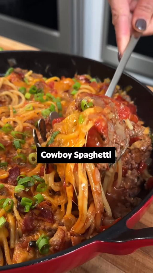 There’s a whole lot of flavor in this skillet! 🤠 Cowboy Spaghetti is a fun twist on a classic, and lucky for you, it all comes together in ONE pan! 🍳

For more recipes like this one, join our newsletter community! Click the link in the @allrecipes bio to get started. 📮

Ingredients:
6 strips bacon
1 onion, chopped
2 cloves garlic, minced
1/2 teaspoon salt
1/4 teaspoon freshly ground black pepper
1 pound ground beef
1 1/2 cups beef broth
2 teaspoons Worcestershire sauce
2 teaspoons hot sauce, or to taste
8 ounces spaghetti noodles
1 (10 ounce) can diced tomatoes with green chiles (such as Ro-Tel® Original)
1 (14.5 ounce) can fire roasted tomatoes
1 (4 ounce) can tomato sauce
1/2 cup shredded sharp Cheddar cheese
3 green onions, sliced, or as needed for garnish

Directions:
Place bacon in a large cast iron skillet and cook over medium-high heat, turning occasionally, until slightly crisp, about 7 minutes. Remove bacon slices to a paper towel-lined plate. When bacon is cool enough to handle, crumble roughly and set aside.

Add onion to the same skillet with bacon grease and sauté until softened, about 3 minutes. Add garlic, salt, and pepper. Stir until garlic is fragrant, about 30 seconds.

Add ground beef. Cook and stir until beef is crumbly and no longer pink, about 5 minutes. Lower heat to medium-low, and stir in beef broth, Worcestershire sauce, and hot sauce. Stir in 1/2 of the crumbled bacon.

Break spaghetti noodles in half. Scatter over ground beef, making sure noodles are separated. Pour tomatoes with green chiles, fire-roasted tomatoes, and tomato sauce over noodles. Cover and cook for 20 minutes.

Remove the lid and stir to combine the pasta and sauce. Smooth out mixture and scatter shredded cheese evenly over top. Sprinkle with remaining bacon. Cover and let cheese melt, about 5 minutes. Garnish with green onions; serve immediately.

🧑‍🍳: @nicolemcmom

#cowboyspaghetti #spaghetti #pasta #easydinners #dinnerideas
