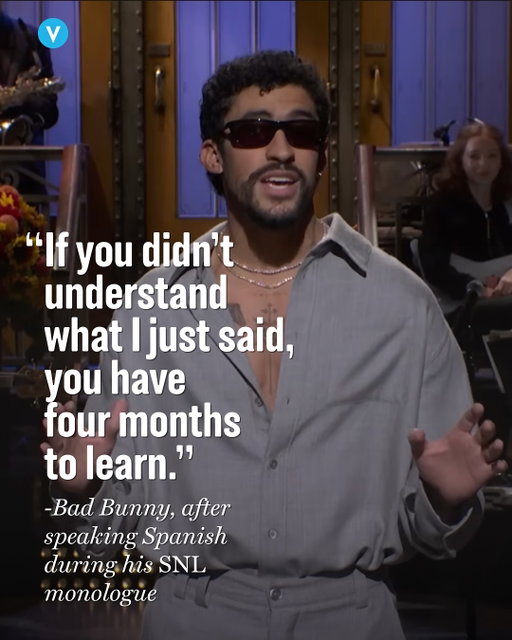 During his October 4 ‘SNL’ monologue, Bad Bunny switched to Spanish while reflecting on his upcoming 2026 Super Bowl halftime show. “If you didn’t understand what I just said,” he continued in English, “you have four months to learn.” Tap the link in bio for more.
