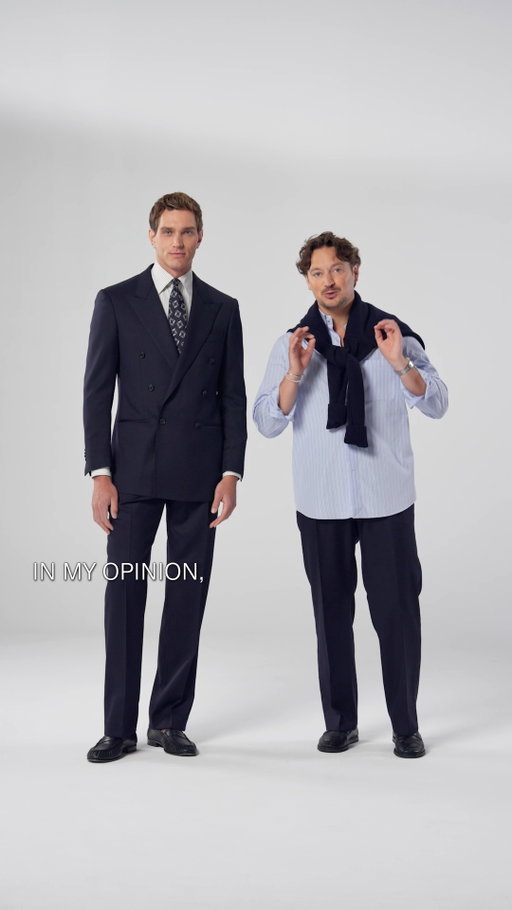 Relaxed navy, styled more ways. Our Style Director Marc shows it business with a striped shirt and tie or casual with a cashmere crewneck. A timeless suit with modern ease. Shop the look now.