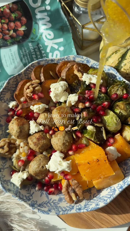 Can’t get enough of nourishing fall harvest bowls! 🍂#ad 

I LOVE the seasonal vegetables in the fall. Roasting sweet potatoes, Brussels sprouts, and butternut squash in olive oil and flaky salt brings so much hearty flavor to any bowl. And when paired with @simeks Classic Turkey Meatballs… we have fall in a bowl with lots of nourishment!🩵

{Harvest Bowl}🍂🤎👩🏻‍🍳
Base: Trader Joe’s Harvest Blend
Vegetables: Roasted brussels sprouts, butternut squash, roasted sweet potatoes
Protein: @simeks Classic Turkey Meatballs
Toppings: Walnuts, pumpkin seeds, pomegranate seeds, goat cheese crumbles
Dressing: maple-mustard vinaigrette

This bowl is balanced with high-quality protein from @simeks Classic Turkey Meatballs, fiber from the roasted veggies, fat from the seeds & avocado oil, and carbohydrates from the Harvest grain blend. It’s a win for the body, it’s a win for the tastebuds, and it’s a win for busy moms looking for a delicious weeknight meal! 🫶🏻

You can find Simek’s in your freezer aisle 🛒 & whip up this easy to make nourishing harvest bowl from home!
xx, SD the RD🫒

#SimeksPartner