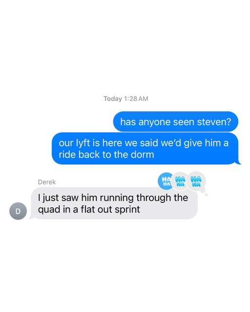 he’s a runner he’s a trackstar

Colleges across the country use Lyft’s late night, transportation program so students and faculty can get across campus safely. Reach out to your schools, transportation department, and see if your school participates. You can also learn more about the program by visiting the link in our bio!