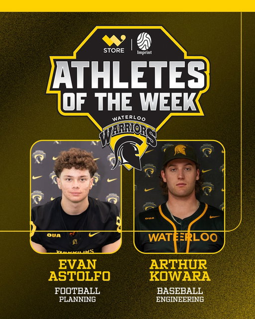 @wlooftb’s Evan Astolfo and @wloobsb’s Arthur Kowara are this week’s @wstore.uwaterloo Warriors Athletes of the Week, presented by @uwimprint. 

Astolfo led the Warriors incredible comeback victory over the York Lions, scoring 14 of Waterloo’s 34 points, including the game-winning field goal with under 30 seconds left to play. 

Kowara also showed up big in clutch moments for the Warriors this weekend, as he led Waterloo to victory at the OUA Far West Regional Championship, helping his team punch their ticket to the 2025 OUA Baseball Championship, hosted by the Warriors this weekend. The team captain and first basemen hit 8-16 over the weekend, scoring two home runs, three doubles, nine RBIs, and six runs scored, while accumulating a 1.663 OPS. 

📰 Read more at the link in our bio! 

#GoBlackGoGold