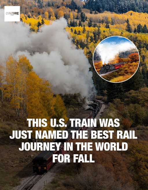 Move over, Switzerland, the Cumbres & Toltec Scenic Railroad, running between Colorado and New Mexico, has officially been named the No. 1 fall train ride in the world 🌎

The 64-mile historic steam route scored 9.08/10 in Japan Rail Pass’s new global ranking, topping rail journeys in Spain, Switzerland, and Japan. Built in the 1880s, the train crosses the state border 11 times, zigzags along canyon walls, and passes elk, eagles, and golden aspens along the San Juan Mountains.

Tickets start at $115 for a 6-hour ride, with open-air cars that make it perfect for leaf peeping season.

Full top 5:

 1️⃣ Cumbres & Toltec Scenic Railroad (U.S.)
 2️⃣ Tren de Sóller (Spain)
 3️⃣ GoldenPass Line (Switzerland)
 4️⃣ Oigawa Railway (Japan)
 5️⃣ Blue Ridge Scenic Railway (U.S.)

Would you take this fall ride through the Rockies?

Media via Shutterstock

#culturecuttravel #ustrains #falltrains