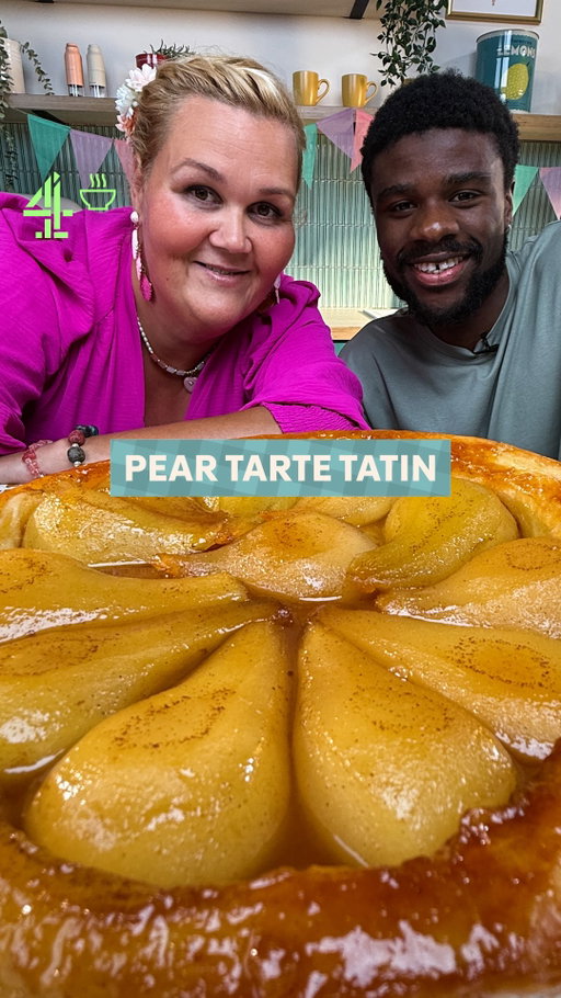 Ex-Bake Off contestant @nellyghaffar is back to take on her nemesis, the tarte tatin!
This time @justinkaarthur is there to make sure nothing happens to her caramel 👀

Serves: 8
Total time: 2.5 hours

Ingredients

For the pears & caramel:
5–6 semi-firm pears
Juice of 1 lemon
½ tsp ground cinnamon
100g granulated sugar
60g unsalted butter

For the rough puff pastry:
200g strong white bread flour
200g unsalted butter (very cold)
100ml very cold water (ideally iced)
Pinch of salt

For serving:
Clotted cream (optional)

Method
 
Make the rough puff pastry:
1. Sift flour into a bowl; add a pinch of salt and mix
2. Grate very cold butter directly into the flour (coarse grater)
3. Toss butter shavings to coat. Add ~80% cold water; mix. If dry, add more until dough comes together
4. Tip onto a floured surface; bring together without overworking. Butter streaks are ideal
5. Flatten to a thick rectangle, wrap, chill 20 min
6. Roll to a 2 cm-thick rectangle; fold in thirds (like a letter). Wrap and chill 20 min
 
Prepare the pears:
7. Peel, halve, and core pears
8. Rub with lemon juice to prevent browning
9. Dust with cinnamon; set aside
 
Make the caramel:
10. In an ovenproof heavy pan, melt butter over low heat
11. Add sugar; stir (lumps are normal)
12. Cook gently until fully melted and light caramel forms
13. Arrange pear halves cut-side up; simmer low 30–40 min until starting to soften. Remove from heat
 
Assemble the tart:
14. Heat oven to 200°C (180°C fan)
15. Roll pastry to fit dish with ~1 cm overhang
16. Drain excess liquid; reserve caramel for serving
17. Arrange pears, lay pastry over, tuck edges around fruit, prick top with a fork
 
Bake the tart:
18. Bake 15–20 min at 200°C, reduce to 180°C and bake 30 min until golden brown
19. Rest 10 min
20. Carefully invert onto a serving plate
 
Serve:
21. Drizzle with reserved caramel
22. Add clotted cream, if desired
 
#tartetatin #pie #gbbo #dessertrecipe #pears #dessert