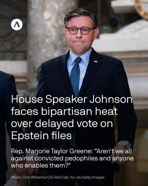 House Speaker Mike Johnson's decision to keep his chamber on recess during the government shutdown is stalling a long-awaited vote on releasing the Jeffrey Epstein files.⁠
⁠
WHY IT MATTERS: The delay of Rep. Thomas Massie's discharge petition has fueled frustration among Democrats, and even some Republicans, who argue Johnson is keeping lawmakers out of town to avoid the politically charged vote.⁠
⁠
But Johnson called claims that he's keeping the House out to avoid the vote "totally absurd."⁠
⁠
WHAT THEY'RE SAYING: "Why are we in recess? Because the day we go back into session, I have 218 votes for the discharge petition to force a vote on releasing the Epstein files," Massie posted on X on Sunday (10/5).⁠
⁠
Rep. Marjorie Taylor Greene, one of the four GOP signatories on the petition, told Axios in a statement Monday (10/6): "The House has so much work to do, why aren't we coming back in session?"⁠
⁠
"Not being in session certainly does avoid the Epstein discharge petition, which I've never understood why it's anything to hide. Aren't we all against convicted pedophiles and anyone who enables them?"