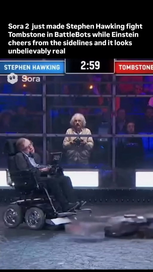 Stephen Hawking vs. Tombstone. Einstein watching from the stands. Sparks flying in a BattleBots arena that doesn’t exist.

It’s absurd. It’s hilarious. It’s completely AI-generated.

No cameras. No actors. Just words turned into a fully cinematic, surreal showdown.
We’ve officially entered the age where imagination is enough to make a movie.

#sora2 #AIVideo #ArtificialIntelligence #OpenAI #AIGenerated #FutureOfAI #TechEvolution #AIMemes