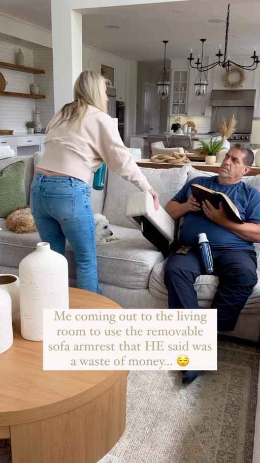 Funny how that works....... isn’t it?👀🤔

 I think once Jeff saw how ridiculously handy this little removable armrest is, I had him sold. Maybe a little too sold, because now he’s obsessed! 🤩 

It comes in several colors, has a wireless charge stand, an LED reading light, and storage under the armrest. 😂

Comment “REST” and I’ll send you the link!🩶

 #amazonfinds #marriagehumor #homedecorinspo #homeinspo #homedecor