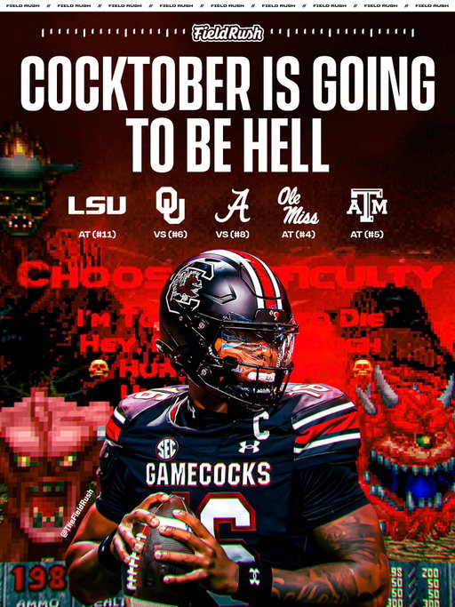 Is this what hell looks like? 👹

South Carolina has to play at #11 LSU, vs #6 Oklahoma, and #8 Alabama, in October. Where they then have to go play at #4 Ole Miss and #5 Texas A&M in November 😳 

What will their record be after these 5 games?
