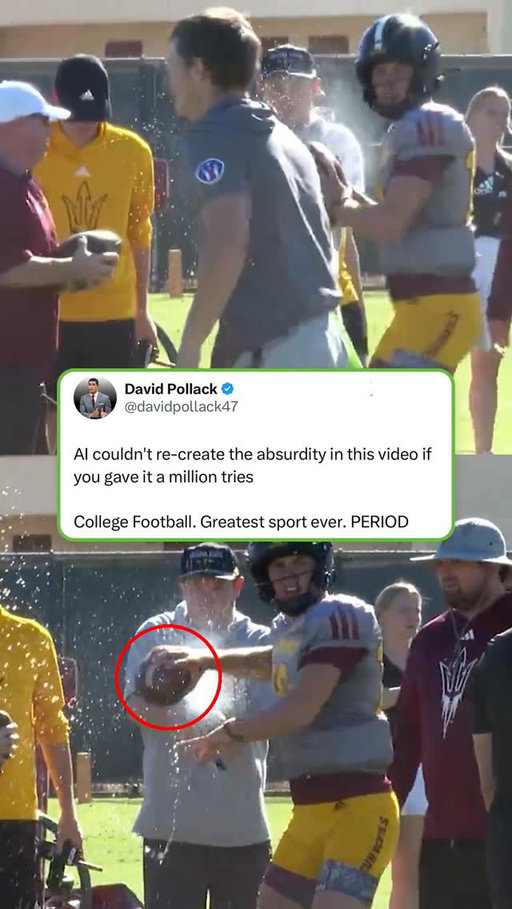 Kenny Dillingham spraying Sam Leavitt with a water bottle to get him ready for Saturday is why College Football is the absolute best 🤣

(via davidpollack47/X, 🎥: Blakes_Take2/X)
