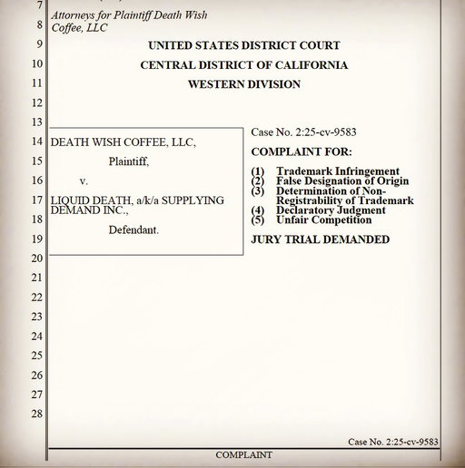 @deathwishcoffee and its lawyers have filed a lawsuit in an attempt to stop Liquid Death from ever launching our own brand of coffee. BUT we have no real plans to actually launch a coffee.🤷‍♂️
⁣
Perhaps the executives at Death Wish Coffee are amped up on too much caffeine to be this paranoid about the future? Which is why the new CEO at Death Wish (Steve Gardiner) may want to consider trying our new better-for-you energy drink (coming in January) that has zero sugar, 5 calories, essential vitamins, and a sane level of caffeine (100mg).⁣
⁣
And whether or not we ever go into coffee one day, we don’t believe any one company can legally own the word DEATH regardless of how it's used. And since Death Wish publicly filed their lawsuit against a Liquid Death product that doesn’t exist, feel free to let them know on their socials whether or not you support their case. And be sure to listen to some of the great bands like @converge on @deathwishinc (the iconic hardcore record label) that has been around for over 25 years, long before the coffee brand. ☠️🍆