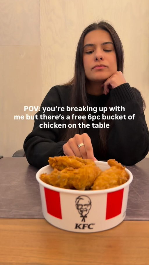 Love fades, chicken doesn’t. 💔 Spend $15 in the KFC app, get a free 6pc bucket.