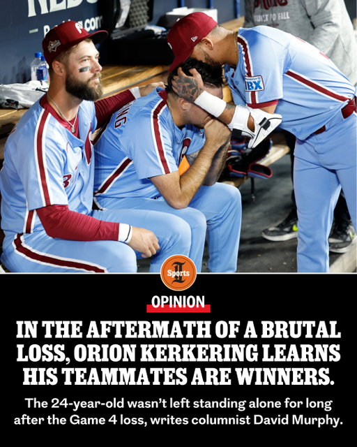 This was a series that was decided by a handful of moments, argues Inquirer columnist David Murphy, all or any one of which could have easily broken in a different direction.⁠
⁠
“The Phillies lost too many of those moments. Orion Kerkering’s was simply the last… The worst place to find yourself at the end of a season is inside the chalk outline.⁠
⁠
That is where Kerkering was standing as he stared down at the grass. He wasn’t standing alone for long. J.T. Realmuto got there first. He put a gentle arm on his back and bent down toward him.⁠
⁠
Nick Castellanos got there next. Once Kerkering lifted his head, he found coach Paco Figueroa waiting for him. Then came Rob Thomson, who waited by the dugout steps and then drew Kerkering in close.”⁠
⁠
For @dmurph003’s full post-game column and analysis on the tough end to the Phillies’ season, click the link in @phillyinqsports’ bio.⁠
⁠
📝 by @dmurph003 / Staff⁠
📸 by Yong Kim and @jomoreno007 / Staff
