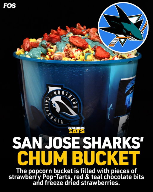 The @sanjosesharks have announced their latest in-stadium food item: The Chum Bucket. Buttery popcorn, strawberry pop-tarts, red and teal chocolate bits and freeze dried strawberries. 

Are you chowing down on this chum bucket?