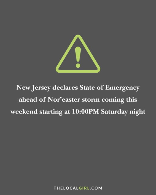 this just in ⚠️ ‼️ 

🚨 New Jersey has declared a State of Emergency starting 10:00 PM, Saturday, Oct. 11 as a powerful nor’easter approaches. 

All 21 counties are under alert with expected heavy rain, flooding, winds up to 60 mph, and dangerous surf. 

Stay off the roads, follow local guidance, and monitor updates from state officials.

Follow @thelocalgirlhq brands for more NJ updates locally (tagged in photo)