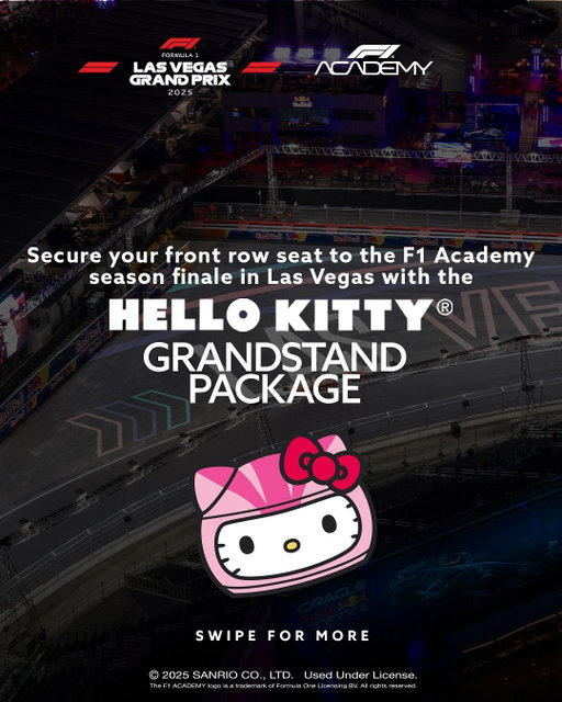 F1 Academy is hitting the streets of Las Vegas for the first time ever this November, and you can be part of the action with the @hellokitty Grandstand Package, in collaboration with @f1lasvegas and F1 Academy. 🤩

You’ll get exclusive merch, access to the F1 Academy Paddock, and much more! We think it’s the best seat in the house. 😉 

Head to f1lasvegasgp.com for tickets! 🎟️

#F1Academy #LasVegasGP