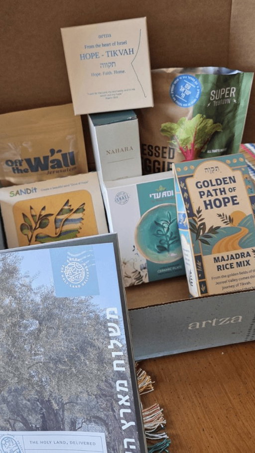 The newest @artzabox box is here! The Hope Box. Everything inside was chosen to share a piece of Israel’s story of faith and renewal.
 
Here’s some of what you’ll find: 
Majadra Rice Blend – made from ingredients harvested since the early days of the Galilee. 
Za’atar Spice Blend – from Jerusalem’s Old City, made with biblical hyssop (Psalm 51:7). 
Ceramic Olive Branch Dish – handmade near the Gaza border, engraved with the olive branch of peace. 
Jordan River Shower Gel – made using the healing waters of the Jordan River. 
Plus more snacks, art, and keepsakes made by families and artisans across Israel.