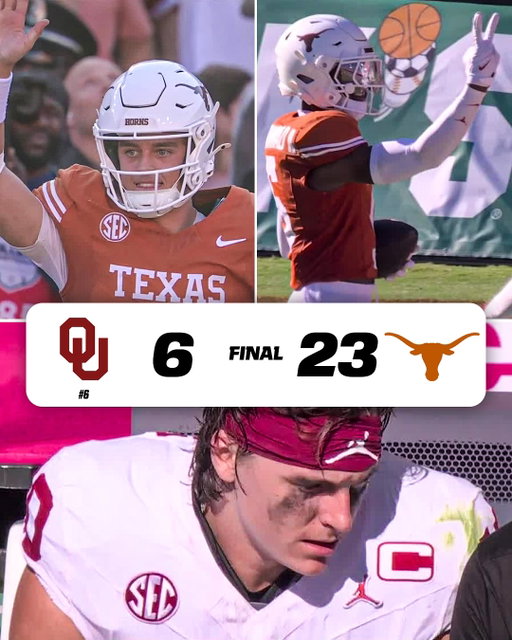 TEXAS DEFEATS NO. 6 OKLAHOMA IN THE RED RIVER RIVALRY 🔥

The Longhorns’ defense gets 3 INT on John Mateer 😤