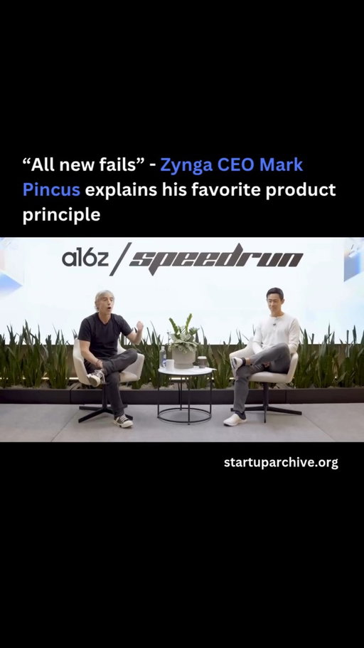“All new fails” - Zynga CEO Mark Pincus explains his favorite product principle

“All new fails. If all new worked, we’d be using new stuff all the time. But how often do you change what’s on the front of your iPhone? How often do the top 10 or 25 apps change? They haven’t changed in 8 years because all new fails. A million new apps a year — they all fail.”

This realization led Mark to develop a new approach to building products that he calls “Proven. Better. New.” And he explains how he used it to build Zynga Poker into the largest poker site in the world.

“De-risk it. Start with with what’s proven. You don’t have the right to change proven. You should copy every pixel of [an experience that already works — legally, of course]… What you think is ‘better’ is called ‘new.’ When you say it’s better, that’s because you’re naive. Grow up. I’m guilty of this too — we all are. We get emotional and fall in love with our own ideas, so we need something to hold us accountable.”

Zynga Poker copied every other online poker game as their starting point.

The next step is to add one thing that’s undeniably better for users. For Zynga poker this was not having to download the application. “You lose half your users every time they have to click download,” Mark explains. “I don’t even need to ask, I know that’s better.”

The last step is to add something new that might work. For Zynga Poker, this was adding pictures of real people — often your friends — to the game. The game was an instant hit.

Mark urges founders to look at the product through your user’s eyes — not your peers:

“This isn’t about getting respect in this little bubble [of Silicon Valley]… This is about normal, real-life humans. They don’t care if you copied. They don’t care how innovative it is. All they care about is, ‘Does it feel better?’ And they can’t even tell you why… Innovation often comes in smaller bits.”

Video source: @speedrun (2025)

---

Want even more startup insights from the world's best founders?

Join the 11,000+ founders who read the free newsletter at startuparchive.org