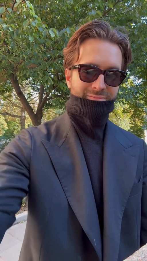 Double-breasted jacket with denim and black roll neck. Would you wear it?