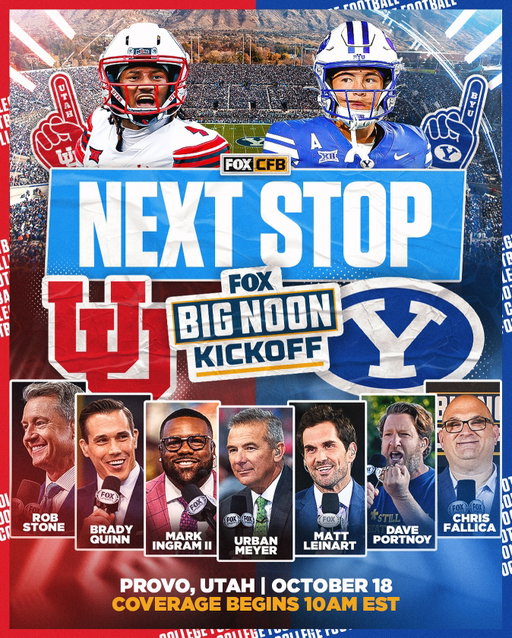 NEXT STOP: BYU 🔥📍

Big Noon Kickoff will be bringing the party to Provo at 10am ET ahead of @byufootball’s matchup with @utahfootball at 8pm ET on FOX 🎉