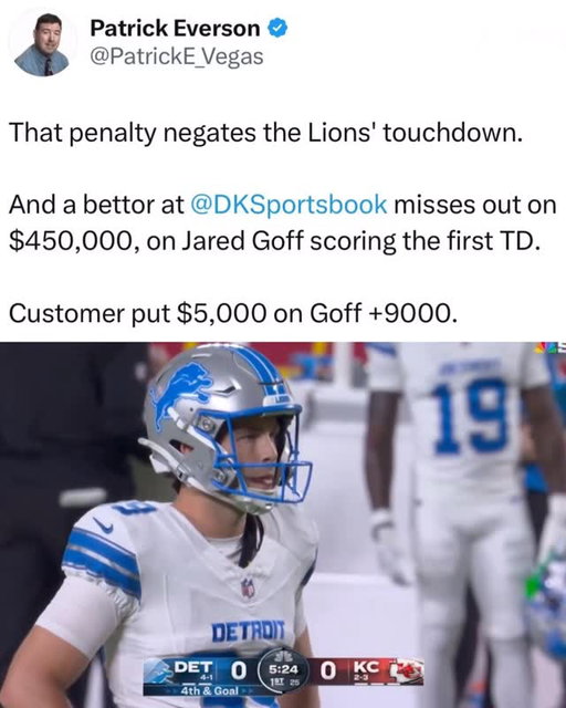 Imagine getting a $450K 1st TD bet wiped out by illegal motion 😭

(via PatrickE_Vegas on X)

#NFL #football #betting #gambling #sportsbets #Lions #jaredgoff
