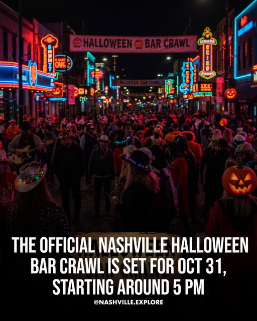 Ready for Nashville’s spookiest night out? 👻🍸

💡 The Official Nashville Halloween Bar Crawl is back on October 31st, kicking off at 5 PM and taking over Music City’s best bars! Enjoy free entry, exclusive drink specials, and costume contests all night long. Participating spots include local favorites like Live Oak, The Green Light, Broadway Brewhouse, The Row, and more. It’s two days of eerie fun — Oct 31 & Nov 1 — so you can double the party vibes. 🕸️🎶

👉 Tag your Halloween crew and start planning your crawl — costumes are mandatory, good vibes guaranteed!

📍 Nashville, Tennessee