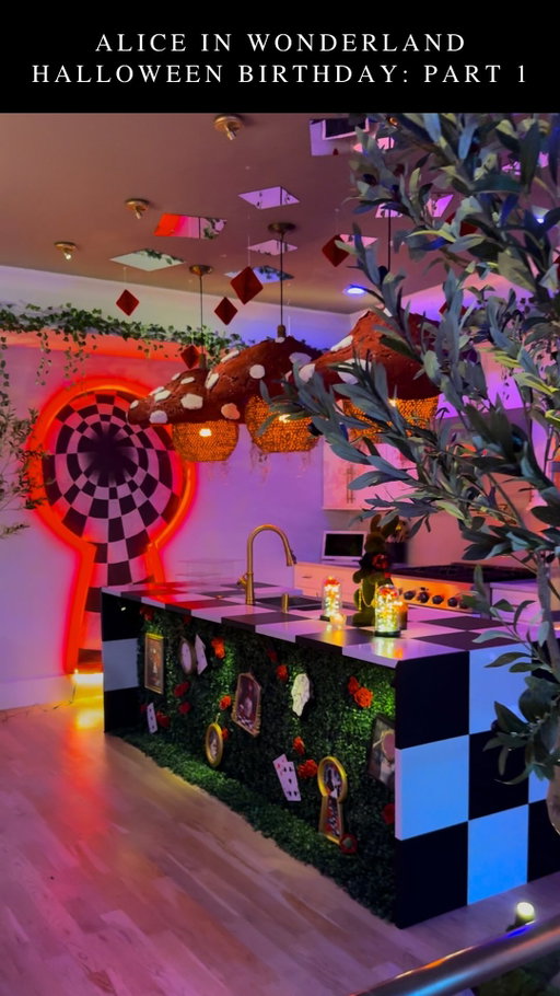 Alice in Wonderland kitchen reveal! Those mushrooms did a number on me, when I opted NOT to do paper mache for being time too consuming, the world had other plans — 4 weeks of experimenting with foam 😂 they’re not perfect, but I think it works? Felt Tim Burton-esque? Are they still as bad as you guys thought though lol be honest