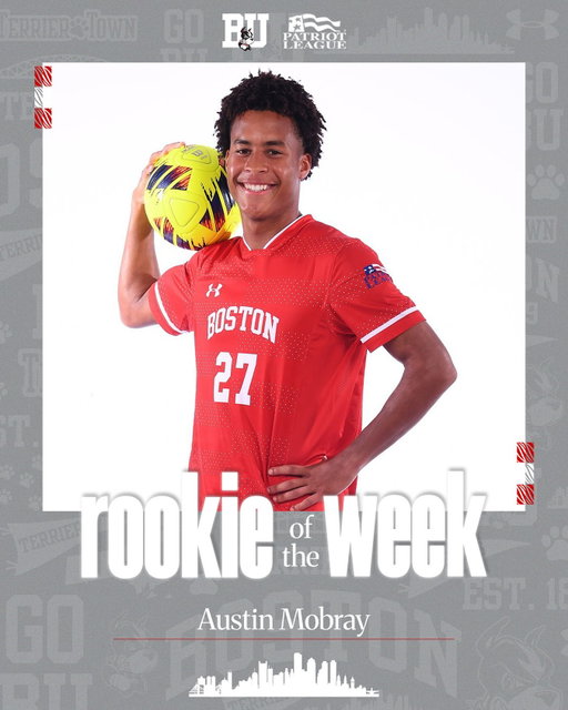 🙌 @austinmobray on earning his second weekly #PatriotMSOC honor! He recorded an assist and helped the defense shut out Colgate, 1-0.

#GoBU 🐾👊⚽️