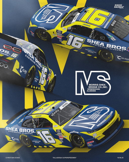 @christianeckes will hit the high-banks of @talladega with the @morris_shea colors on board! 🟡🔵