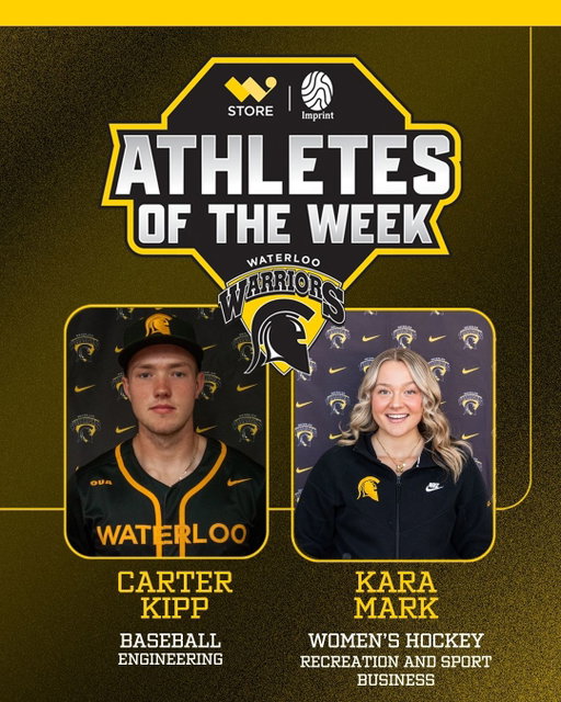 @wloobsb's Carter Kipp and @wloowhky's Kara Mark are the @wstore.uwaterloo Warriors Athletes of the Week, Presented by @uwimprintmedia.

Kipp, a first-year second baseman, had four RBIs in Saturday's bronze medal game at the OUA Championship in Kitchener. He crushed a first pitch in the bottom of the seventh inning for a three-run, walk-off home run to give the Warriors their third consecutive OUA medal. 

In the first weekend of OUA women's hockey action in 2025-2026, Mark posted a 17-save shutout at Carleton in the Warriors season-opener, and stopped 27 of 28 shots at Ottawa the following day. 

📰 Read more at gowarriorsgo.ca

#GoBlackGoGold