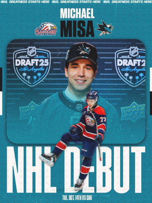From Saginaw to San Jose 🦈

Congrats to @saginawspirit forward and decorated league award winner Michael Misa on making his @NHL debut tonight with the @sanjosesharks 

#TheFutureIsTeal | #NHLFaceoff