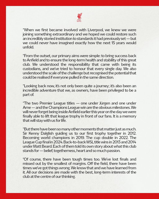 A message from FSG, 15 years on from acquiring the Reds 🗓️ 15.10.10 🤝