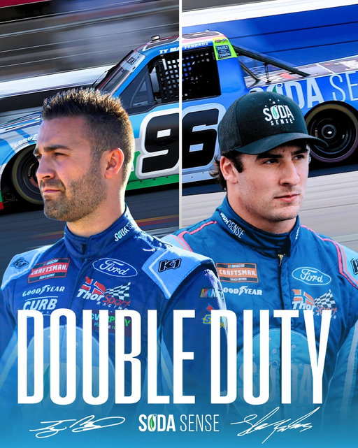 It’s double duty at Dega for @sodasenseofficial!👀🥤

For the final time this season, @superluke04 and #TyMajeski will share the track in their #SodaSense Ford F-150s. Don’t miss it — Friday at 4PM ET on Fox 👀🔥