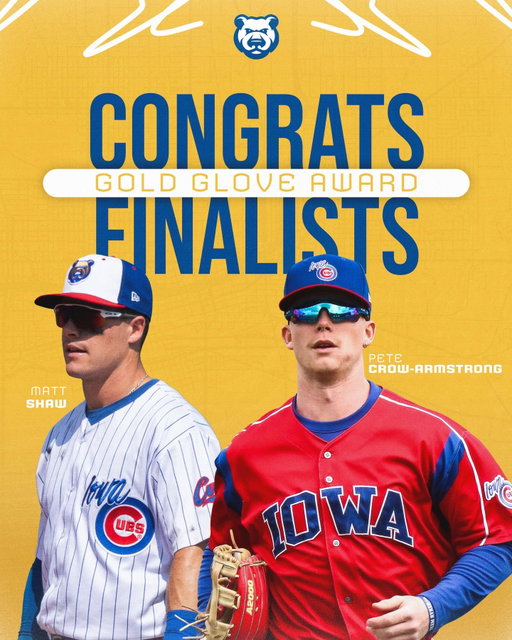 Congratulations to former Iowa Cubs players Matt Shaw and Pete Crow-Armstrong on being named 2025 Rawlings Sporting Goods Gold Glove Award finalists! 
Congratulations as well to Matthew Boyd, Ian Happ, Nico Hoerner, and Carson Kelly for earning finalist honors.

Winners will be announced Sunday, November 2, on ESPN.