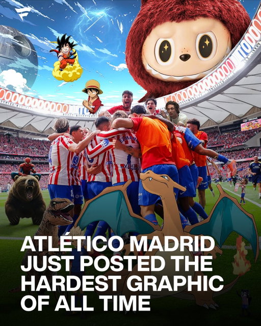 To celebrate 90 million followers, Atlético Madrid dropped a collage of the century.

Labubu, Charizard, One Piece, Spider-Man, the Death Star and more all made the cut.

(via @atleticodemadrid)