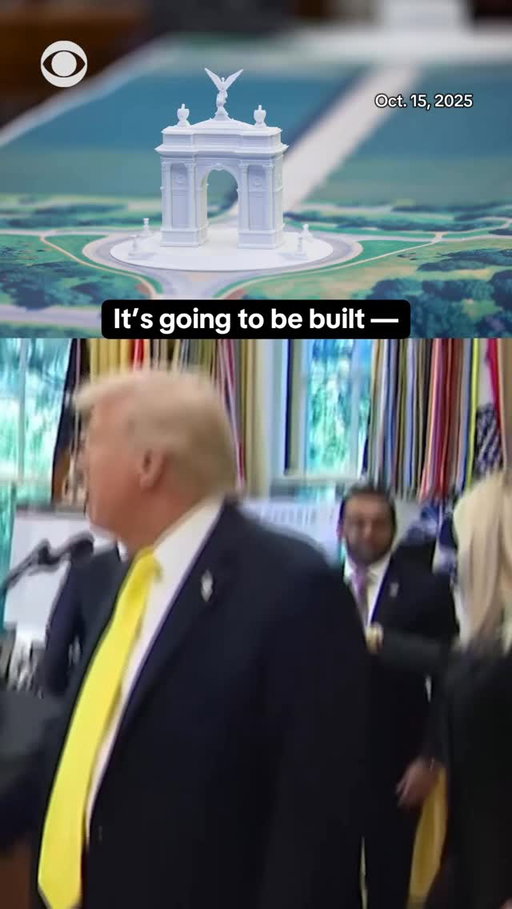 A model of President Trump’s proposed triumphal arch to commemorate the country’s 250th anniversary was seen on the Resolute Desk as the president held a press conference with FBI Director Kash Patel and Attorney General Pam Bondi in the Oval Office on Wednesday.

The renderings and model show an arc that looks similar to France’s Arc de Triomphe, built across from the Lincoln Memorial, on the Virginia side of the Potomac River in Washington, D.C.

When asked on Wednesday who the arc is for, Trump told CBS News’ @edokeefecbs: “Me.”